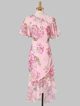 Load image into Gallery viewer, Pink Floral Print Chiffon Ruffles 1960S Dress