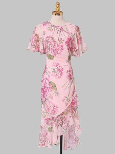 Pink Floral Print Chiffon Ruffles 1960S Dress