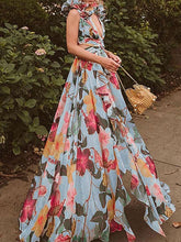Load image into Gallery viewer, Blue Flower Print Ruffles One Piece With Bathing Suit Wrap Skirt
