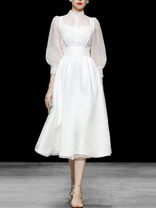 White Puff 3/4 Sleeve Edwardian Revival Fariy Organza Dress