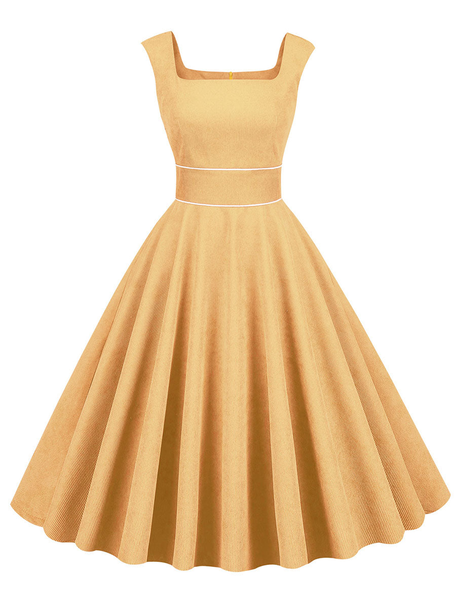 Light Yellow Corduroy Sleeveless 1950S Vinatge Dress With Pockets