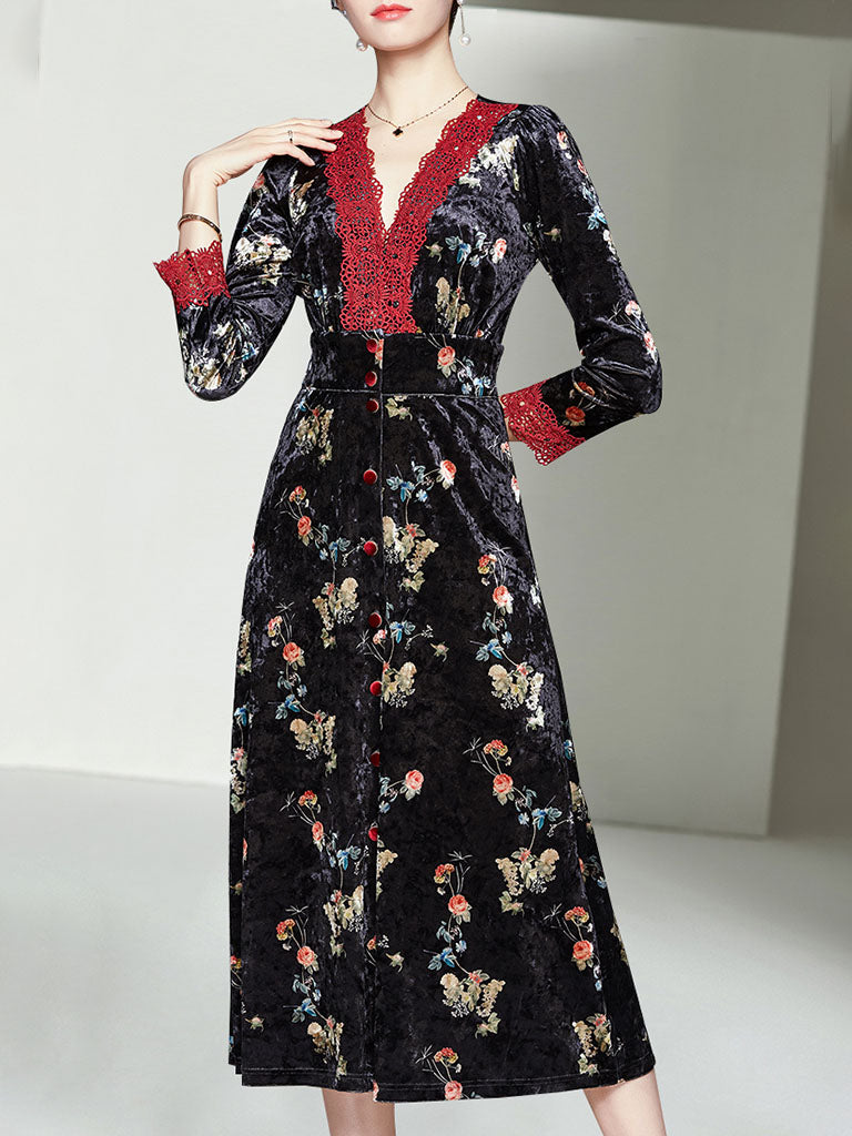 Lace V Neck Floral Velvet Dress Vintage Dress Jolly Vintage Lace V Neck Floral Velvet Dress Vintage Dress Jolly Vintage