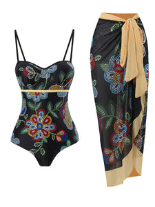 Black Floral Print Flower Strap One Piece With Bathing Suit Wrap Skirt