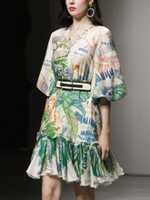Load image into Gallery viewer, Green Retro Lantern Sleeves Printed Mini Dress