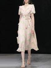 Load image into Gallery viewer, Pink Ruffles Collar Floral Frint Puff Sleeve 1950S Vintage Dress