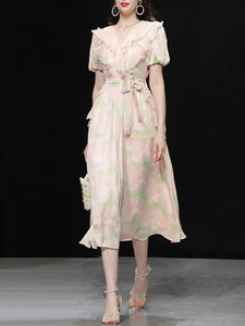 Pink Ruffles Collar Floral Frint Puff Sleeve 1950S Vintage Dress