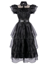 Load image into Gallery viewer, Black Ruffles Gothic Style Organza Vintage Dress Wednesday Dress With Belt