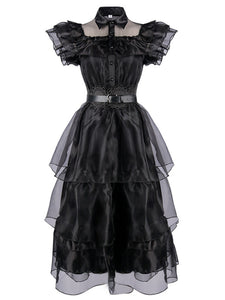 Black Ruffles Gothic Style Organza Vintage Dress Wednesday Dress With Belt