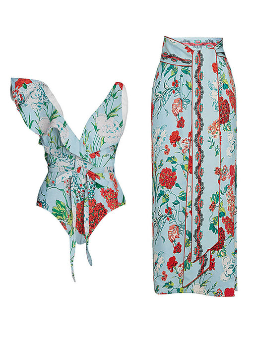 Green Retro Floral Print One Piece With Wrap Skirt Swimsuit