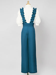 2PS Vintage Top And Blue Ruffles Pant Suit