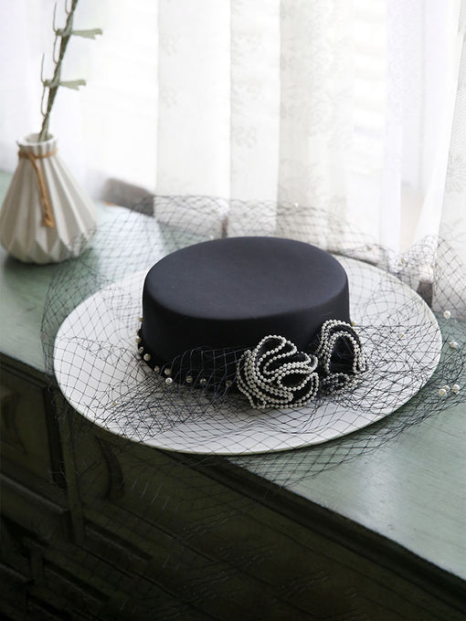 Women's Vintage Flower Mesh Black and White Hepburn Hat Boater Hat