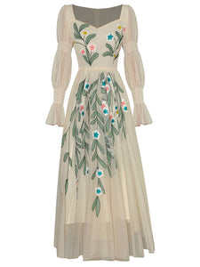 Embroidered Flower Square Collar 1950s Vintage Party Dress