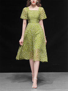 Green Daisy Puff Greenery Chiffon 1950S Vintage Dress