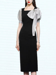 Black Big Sweet Bow Vintage Square Collar Puffed Sleeve 1960S Dress