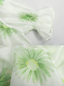 Green V Neck Floral Print Ruffles Maxi Chiffon Dress