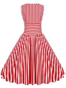 Red Stripe Crew Neck 1950S Vintage Swing Dress