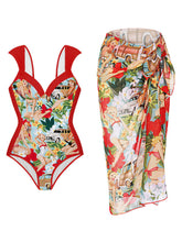 Load image into Gallery viewer, Red Retro Poster Print One Piece With Bathing Suit Wrap Skirt