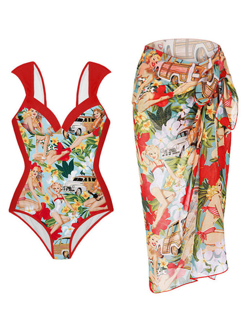 Red Retro Poster Print One Piece With Bathing Suit Wrap Skirt