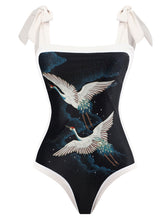 Load image into Gallery viewer, Black Crane Print Flower Strap One Piece With Bathing Suit Wrap Skirt