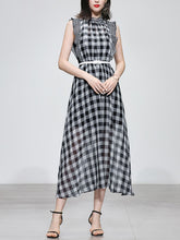 Load image into Gallery viewer, Black and White Plaid Ruffles  Sleeveless Vintage Style Chiffon Maxi Dress