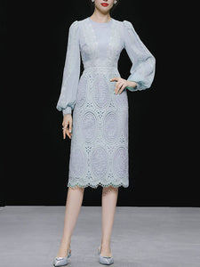 Lilac Lantern Sleeve Embroidered Lace Chiffon 1930S Dress