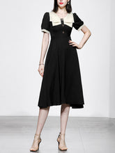 Load image into Gallery viewer, Black Dress With White Bow Collar Vintage 1950S Hepburn Style Outfits Vintage Dress