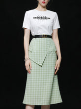 Load image into Gallery viewer, 2PS White 1950S Vintage Classic Tshirt And Green Plaid Mermaid Skirt