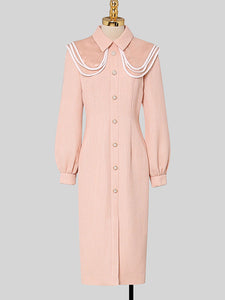 Orange Pink Peter Pan Collar Retro Swing Tweed Dress With Long Sleeve For Winter