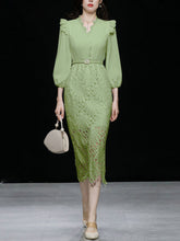 Load image into Gallery viewer, Green V Neck  3/4 Sleeve Lace 1960S Dress