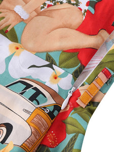 Vintage Print V Neck 1950S Swing Dress