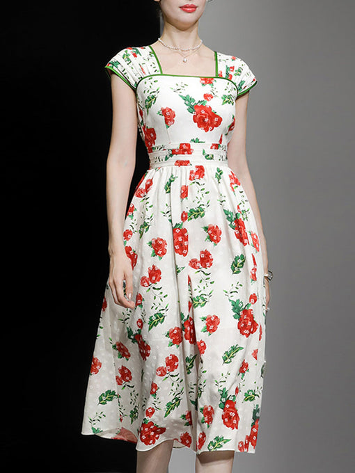 Square Collar Floral Print 1950S Vintage Dress