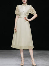 Load image into Gallery viewer, Apricot Stand Collar Puff Sleeve Mesh Pleated Dress
