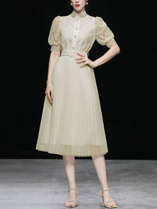 Apricot Stand Collar Puff Sleeve Mesh Pleated Dress