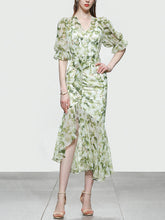 Load image into Gallery viewer, Light Green Floral Print V Neck Vintage Style Ruffles Dress