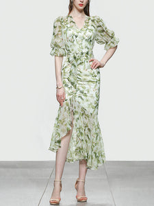 Light Green Floral Print V Neck Vintage Style Ruffles Dress