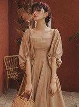 Load image into Gallery viewer, Retro Palace Puffed Sleeves Square Collar Linen Vintage Dress
