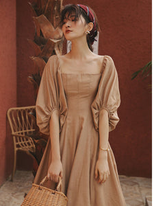 Retro Palace Puffed Sleeves Square Collar Linen Vintage Dress