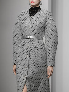 Light Grey V Neck Polka Dot Woolen Coat