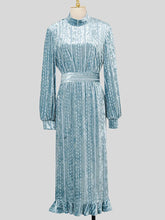 Load image into Gallery viewer, Light Blue Stand Collar Ruffles Long Sleeve Velvet 1940S Dress