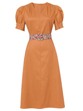 Load image into Gallery viewer, Orange V Neck Puff Sleeve Audrey Hepburn Style 50S Vintage Dress With Belt