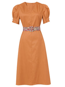 Orange V Neck Puff Sleeve Audrey Hepburn Style 50S Vintage Dress With Belt