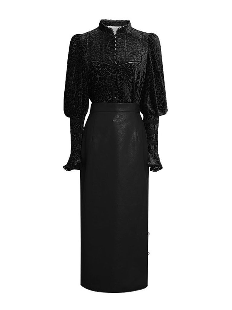 2PS Black 1950S Vintage Mandarin Collar Classic Top And Black Pu Skirt Suit