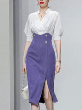 Load image into Gallery viewer, White And Navy Lantern Sleeve Slit Dress Vintage 1940S Dress