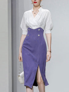 White And Navy Lantern Sleeve Slit Dress Vintage 1940S Dress