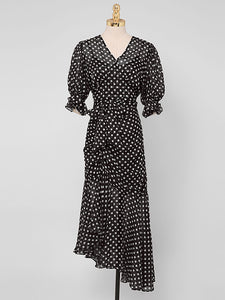 Black Polka Dots V Neck Vintage Style Ruffles Dress
