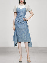 Load image into Gallery viewer, 2PS White 1950S Vintage Classic Top And Spaghetti Strap Denim Swing Dress Suit