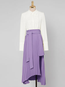 2PS White 1950S Vintage Classic Top And Purple Irregular Pleated Hem  High Waist Skirt Suit