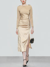 Load image into Gallery viewer, Apricot Long Sleeve Stain Vintage Split 1940S Dress