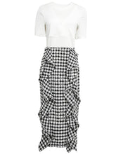 Load image into Gallery viewer, 2PS Off The Shoulder White Knitted Top And Lotus Leaf Plaid Skirt Suit