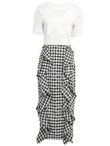 2PS Off The Shoulder White Knitted Top And Lotus Leaf Plaid Skirt Suit